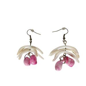 Handmade Fan Shell Earrings Pink Teardrop Beads Boho Dangle Jewelry Artistic